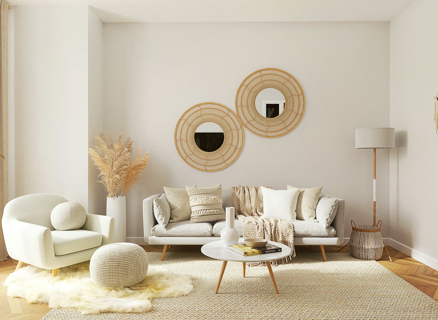Light living room with white sofa and cane mirrors