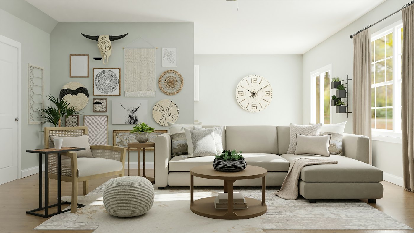 Living room with beige sectional sofa and gallery wall