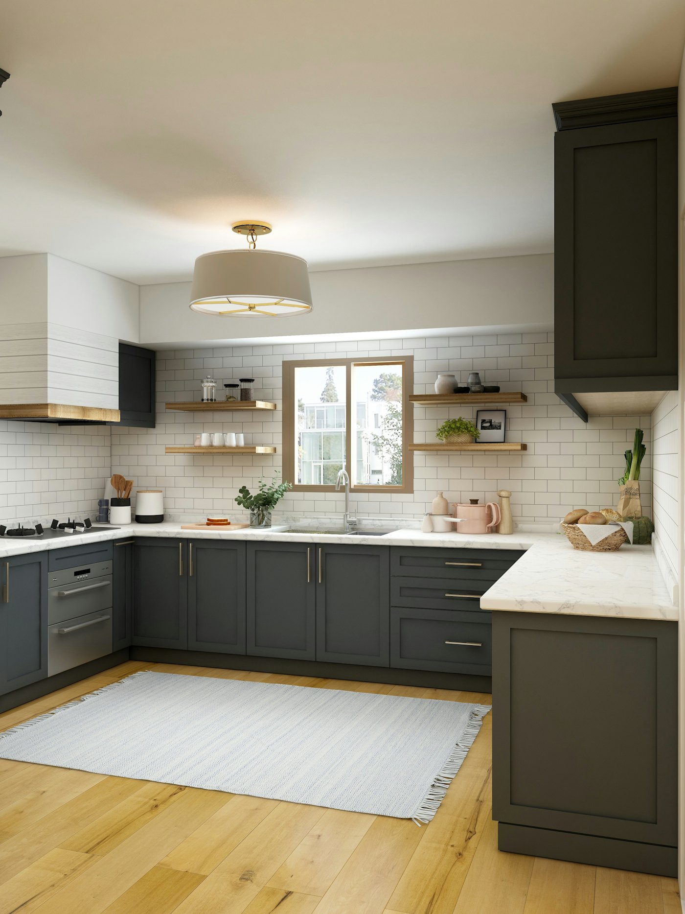 U-shaped kitchen with dark grey shutters and open wooden shelves